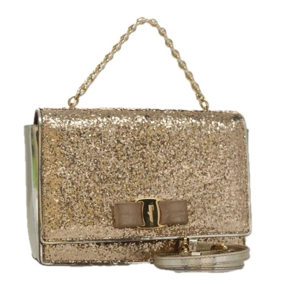 Salvatore Ferragamo Shoulder Bag Sequin 2way Gold Auth 108329 - Picture 1 of 16